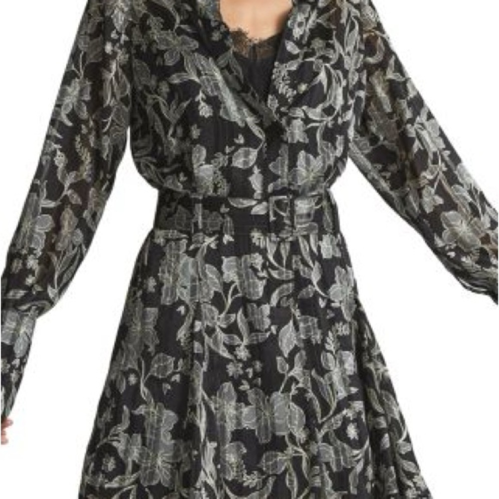 Reiss Larissa Black Floral Long Sleeve Belted Mini Dress - Picture 2 of 11